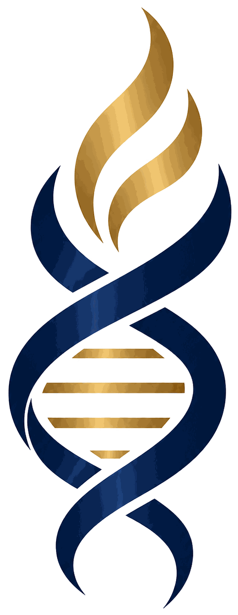 BioForge Scientific icon: a stylized golden flame rising from a navy DNA double helix